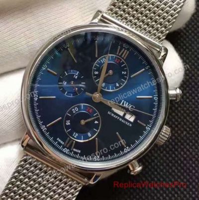 Replica IWC Schaffhausen Portofino Watch SS Blue Chronograph Mesh Band